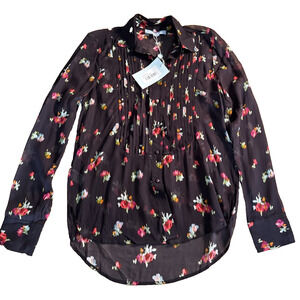 Hill House Home The Mellie Tuxedo Top Pin Tuck Sheer Black Floral Shirt Blouse S